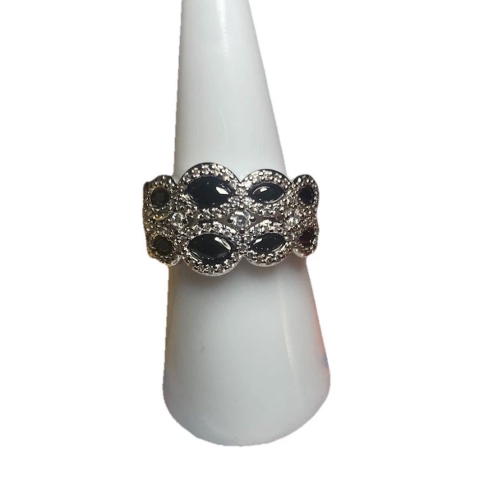 “Echoes Of Glory” Black Onyx CZ Rhodium Ring Size 7 RG47394 BP